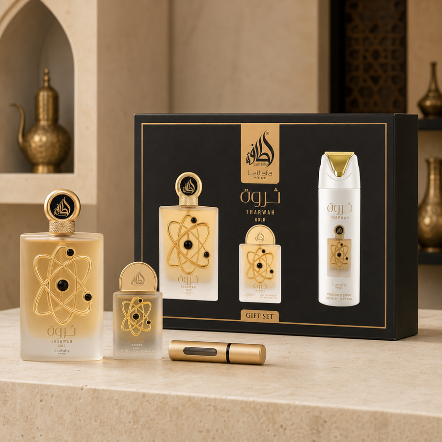 Giftset Tharwah Gold – 3 piezas | Perfume Oriental Floral Unisex