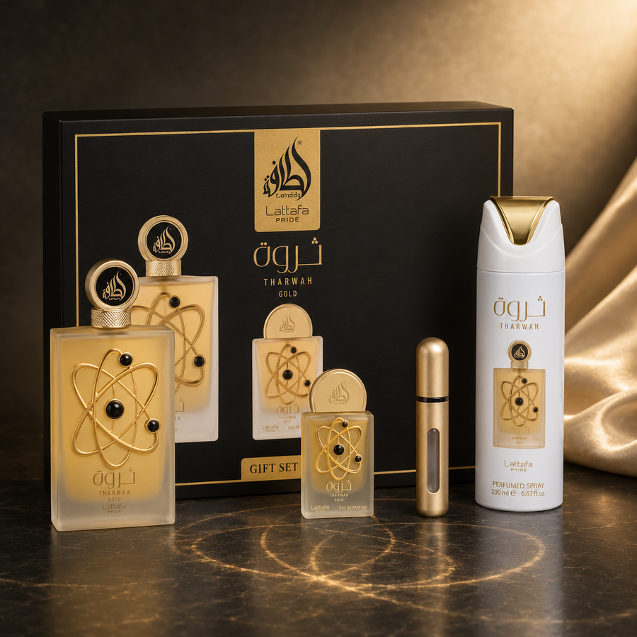 Giftset Tharwah Gold – 3 piezas | Perfume Oriental Floral Unisex