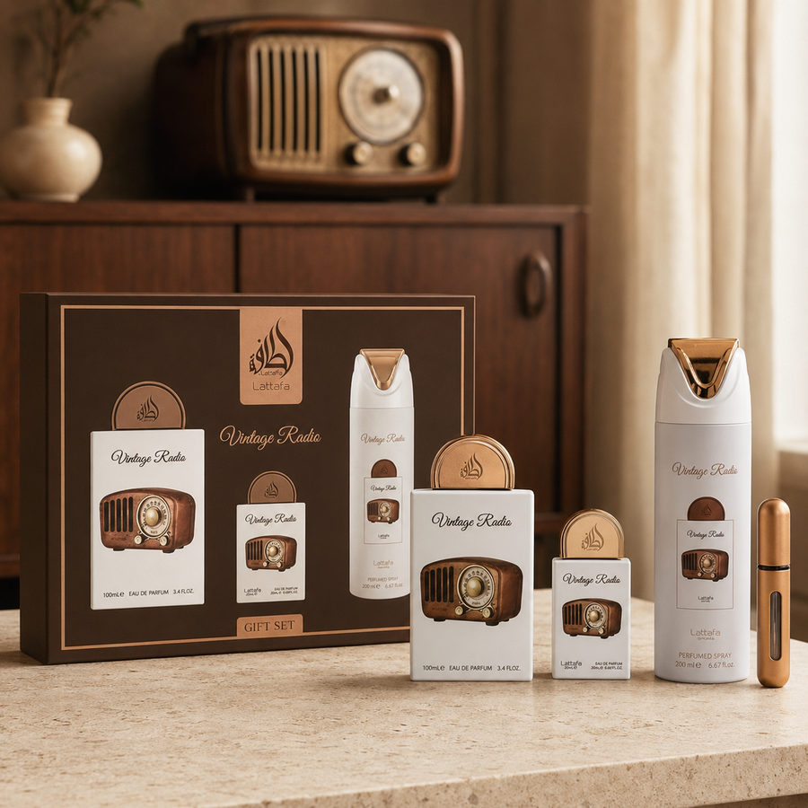 Giftset Vintage Radio – 3 piezas | Perfume Oriental Amaderado Unisex