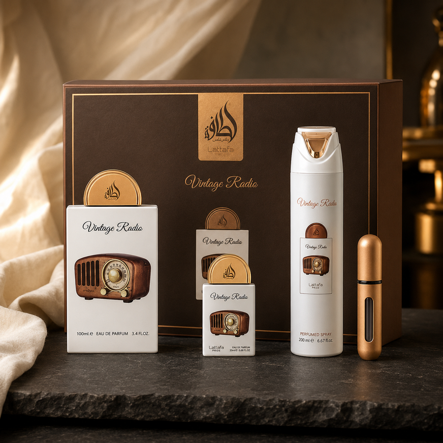 Giftset Vintage Radio – 3 piezas | Perfume Oriental Amaderado Unisex